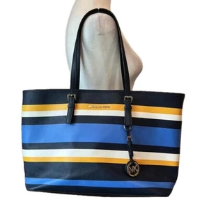 Michael Kors Jet Set Tote Bag Navy Blue Yellow White Stripe Nautical Beach Large - Picture 1 of 16