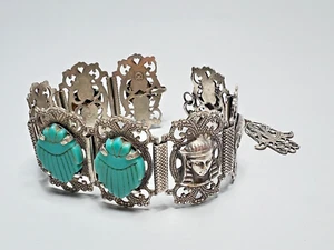 Pulsera Neiger Escarabajo Faraón Vidrio Arte Turquesa Checo Renacimiento Egipcio De Colección - Imagen 1 de 12