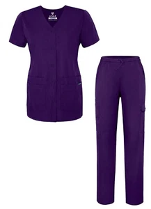 Adar Universal Women's Scrub Set Snap Front Scrub Top & Multi Pocket Scrub Pants - Picture 1 of 98