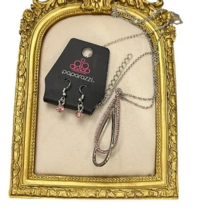 Paparazzi Step Into The Spotlight Silver & Pink Rhinestone Necklace Earrings Set - Picture 1 of 8