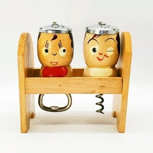 Wooden Combo Salt/Pepper Shakers & Corkscrew/Bottle Opener Open Caddy Japan VTG - Picture 1 of 9