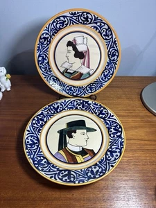 Par de platos de loza vintage HB Quimper Francia - retratos bretones de hombre y mujer - Imagen 1 de 6