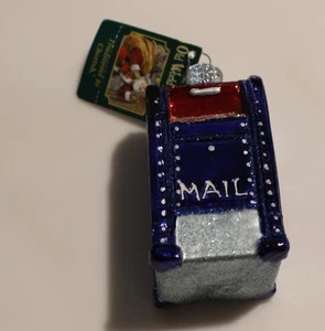 Alte Welt Weihnachten BRIEFKASTEN Ornament mit Etikett 3 1/2" x 1 1/2" viel Glitzer - Bild 1 von 3