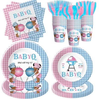 Baby Q Gender Reveal Decoration, BBQ Pink Blue, Serves 24, Plates, Napkins, Cups - Image 1 of 4