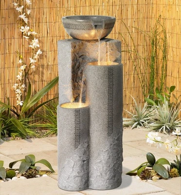 Bowl and Pillar Modern Cascading Outdoor Floor Water Fountain LED Light 34 1/2" - Image 1 of 4