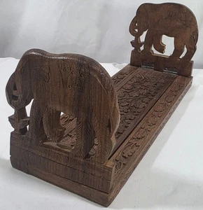 Vtg Ornate Hand Carved Elephant Wood Slide Expandable Book Rack Ends Shelf India - Picture 1 of 10