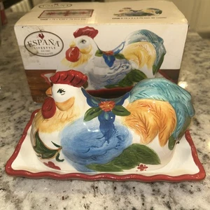 Bocca Espana Lifestyle 2 Pc Ceramic Chicken And Floral Butter Dish Art Painted - Picture 1 of 5