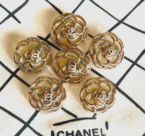 Vintage CHANEL Camellia Flower with Clear\ Gold Metal Button 25 mm (Set of 6) - Picture 1 of 4