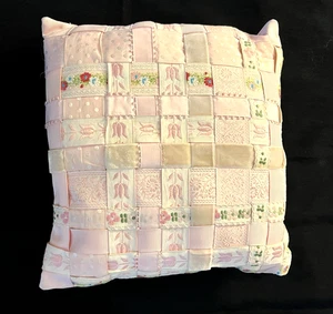 Vintage Handmade Pink & White Ribbon Accent Pillow Taffeta Backing 11" x 11" - Picture 1 of 3