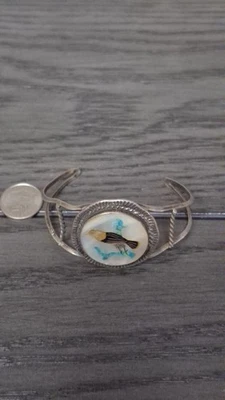 Vintage Sterling Silver & MOP Navajo Bangle Inlaid Coral Bird Turquoise SMALL - Image 1 of 4