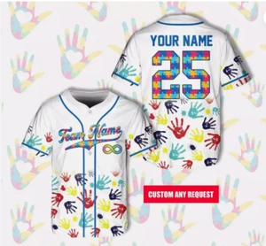 Personalisierte Handabdrücke Regenbogen Autismus Puzzleteil 3D Baseball Trikot Shirt - Bild 1 von 3