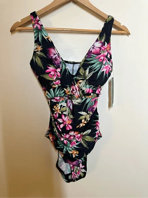 Traje de baño de una pieza con estampado tropical floral hawaiano negro y rosa verde aguamarina Foto 1 de 4