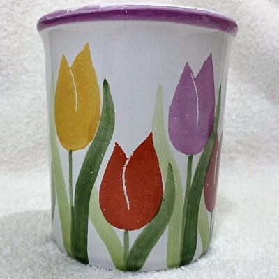 Jarrón de cerámica de gres firmado pintado tulipán cerámica bote maceta Foto 1 de 4