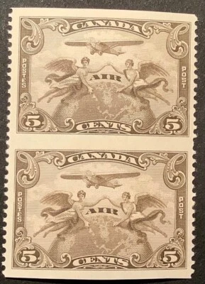 Canada air post stamps 1928 Sc.C1c VF & fresh MNH** 5c vert pair imperf horiz. - Image 1 of 4
