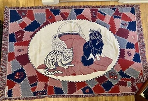 Vintage 1990 MWW Cat Tapestry Afghan Blanket Throw 45“ X 67” Fun. Made In USA. - Picture 1 of 13