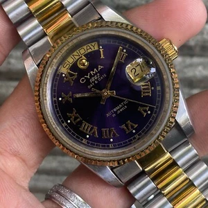 Rare Cyma President Day-Date Purple Dial Automatic Two Tone Roman Vintage Watch - Picture 1 of 9