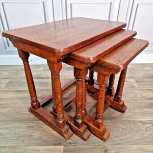 Antique Nest Of 3 Oak Tables Mid Century Occasional Side Vintage Wooden Retro - Picture 1 of 24