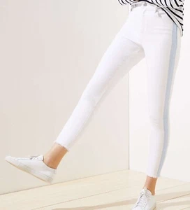 NWT Ann Taylor LOFT Side Stripe Frayed High Waist Skinny Crop White Jeans Sz 27 - Picture 1 of 8
