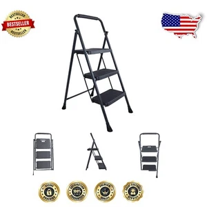 Compact Folding Step Stool - Dark Gray, 3-Step Ladder with Anti-Slip Design - Picture 1 of 8