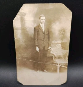 Young Man Standing RPPC B & W Real Photo Postcard Portrait 1910s Atlantic City - Picture 1 of 2