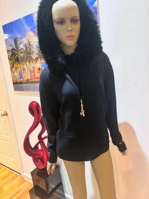 St John cashmere jacket twinset black 10 M fox fur trim hood cardigan sweater - Image 1 of 4