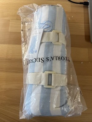 VICTORIA’S SECRET MONOGRAM FRINGE BEACH BLANKET BLUE WHITE STRIPED 34"x60" NWT - Image 1 of 4