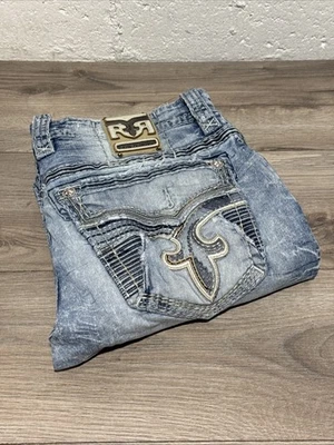 Pantalones de mezclilla Rock Revival 36 para hombre azul Neilly rectos desgastados parches elásticos Foto 1 de 4