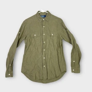Vintage Polo Ralph Lauren Shirt Mens Small 100% Linen Roll Tab Army Olive Green - Picture 1 of 12