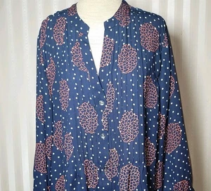 Charter Club Top 3X Navy Floral Polka Dot Button Up Pintuck Bodice Tunic Blouse - Picture 1 of 8