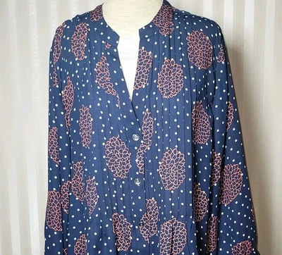 Charter Club Top 3X Navy Floral Polka Dot Button Up Pintuck Bodice Tunic Blouse - Image 1 of 4