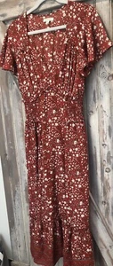 Burnt Orange Floral Flutter Sleeve Ruffle Dress Long Max studio Boho Medium - Bild 1 von 16