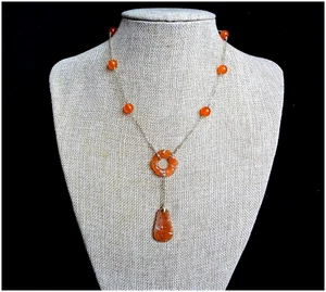 Vintage Chinese Art Deco Hand Carved Carnelian Pendant Chain Link Necklace - Picture 1 of 11