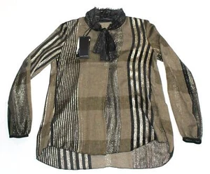 $385 New BEATE HEYMANN Glossy Blouse Women 6 MEDIUM M Check Striped Wool Viscose - Picture 1 of 9