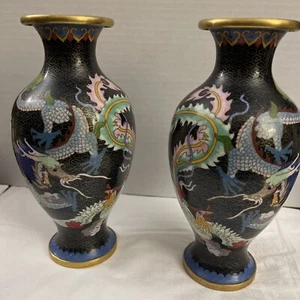 Old Chinese Dragon Cloisonné Set Of 2 Vases 8” Tall , Brass And Enamel - Picture 1 of 8
