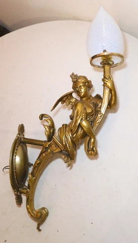 LARGE antique ornate 1800's industrial bronze figural angel gas converted sconce Cover