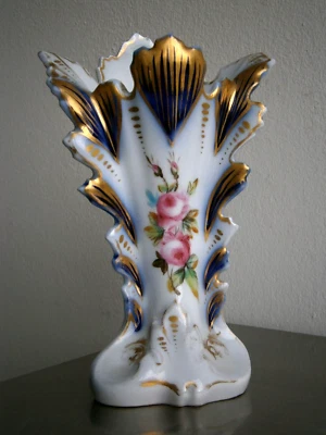 Vase 19°s Porcelaine Valentine Bleu cobalt Doré décor Peint Roses Ancien - Photo 1/4