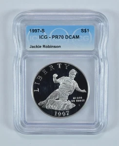 1997-S Jackie Robinson Commemorative Silver Dollar PR70 DCAM ICG *8056 - Picture 1 of 5