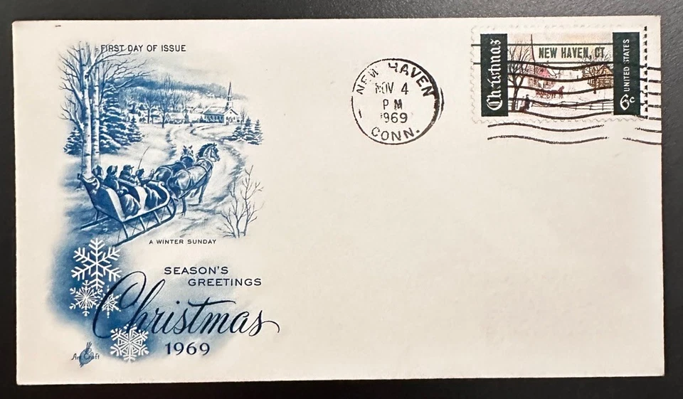 Sc 1384a Christmas 1969 Precancel New Haven CT SEV# 1 ArtCraft variety FDC XF - Image 1 of 1
