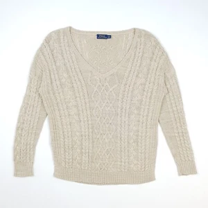 Polo Ralph Lauren Cable Knit Sweater Small UK 10 Woman Relaxed Cotton Linen Aran - Picture 1 of 16