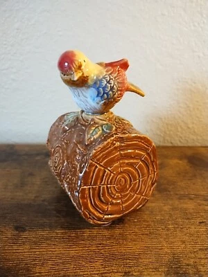 Estatueta de cerâmica vintage pássaro no tronco decoração de jardim de fadas indoor outdoor 5" - Imagem 1 de 4