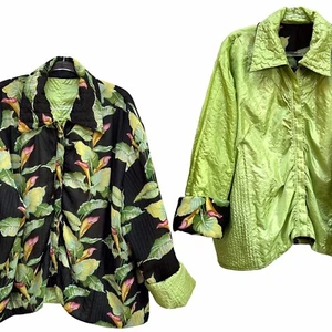 UBU Reversible Tropical Floral Calla Lilly Quilted Zip Up Jacket Lime Green 2X - Picture 1 of 14