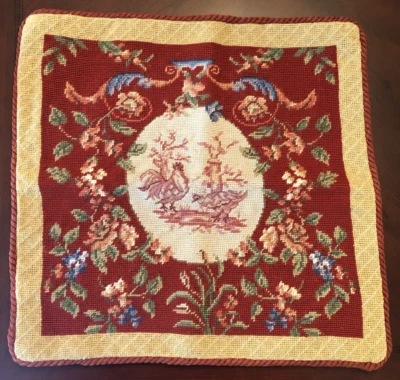 Needlepoint Pillow Cover Red French Country Rooster Toile Petit Point Aubusson - Image 1 of 4