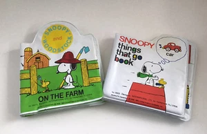 2 Vintage 1965 Squeak Vinyl Baby Books SNOOPY WOODSTOCK The Farm, Things That Go - Picture 1 of 3