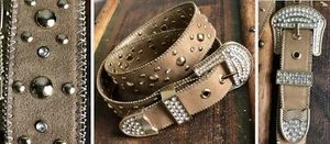 KATHY VAN ZEALAND STUDDED RHINESTONE TAN BROWN GOLD LEATHER BELT M EUC PERFECT - Picture 1 of 9