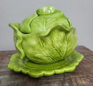 Vtg Cabbage Bowl Shape Lidded Serving With Underplate Holland Mold Majolica - Picture 1 of 6