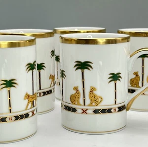 Set 6 CHRISTIAN DIOR Casablanca MUGS Minty LEOPARDS PALM TREES Gold Trim UNUSED - Picture 1 of 24