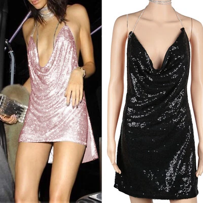 Women Chain Choker Bodycon Sleeveless Mini Dress Backless Sequins Slip Dress - Image 1 of 4
