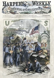 ORIGINAL 1863  THOMAS NAST HARPER’S WEEKLY SANTA CLAUS IN CAMP CHRISTMAS COVER - Picture 1 of 8