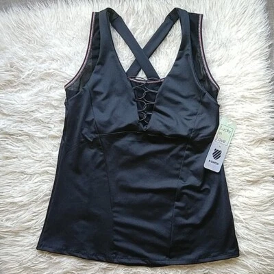 Laced Up Tennis Tank Top K-SWISS X Lucky in Love Athletic Black Layered Bra M - Image 1 of 4