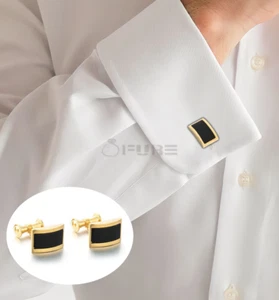 Business Wedding Gold Rectangle Cufflinks Plain Black Onyx Chain Link Cuff Link - Picture 1 of 9